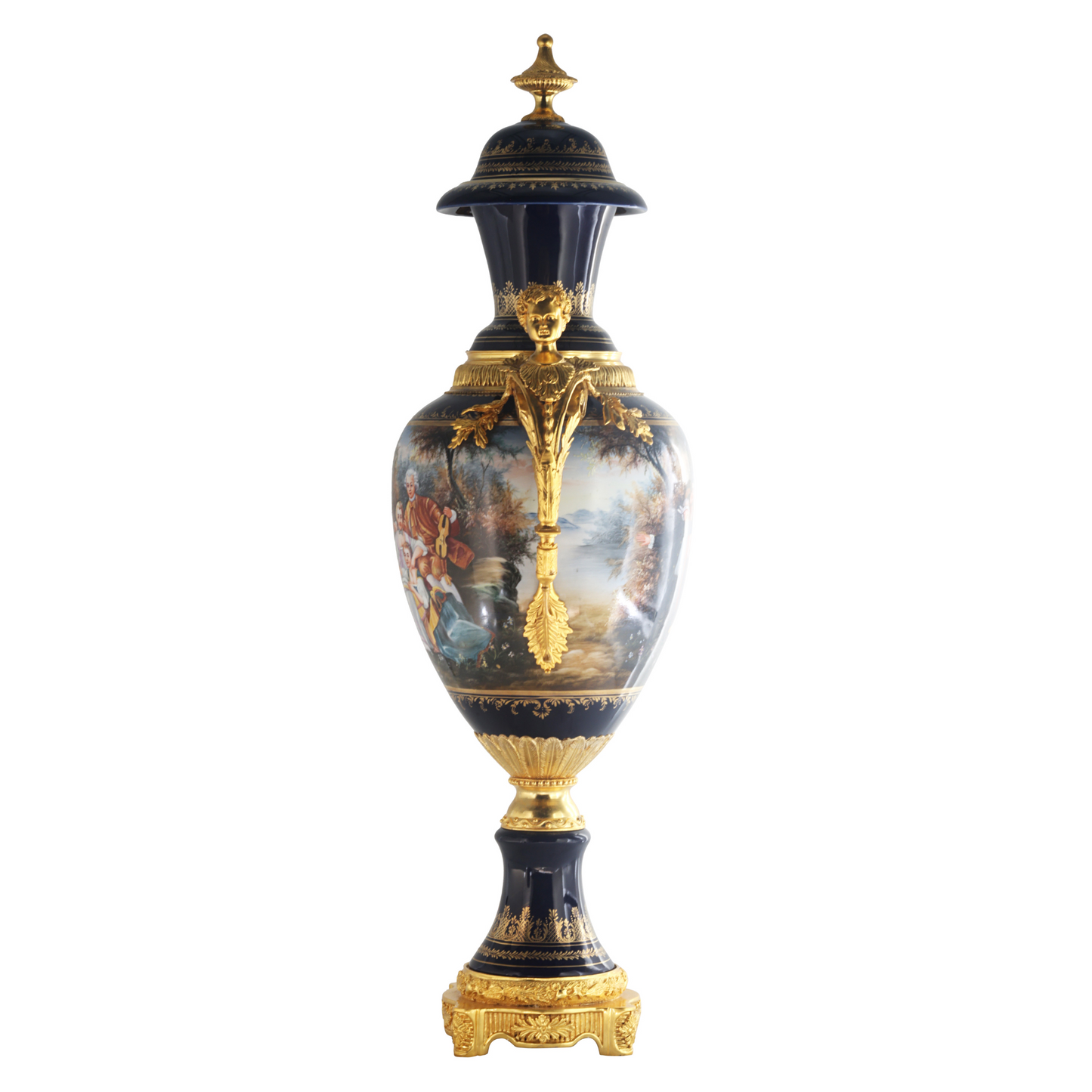 Llamativo Florero De Porcelana Y Bronce Asa Querubín