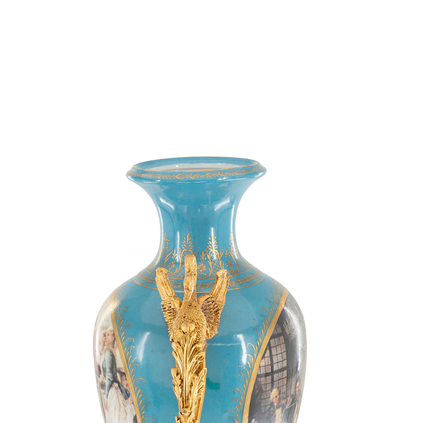 Striking Hand-painted Porcelain And Bronze Goose Handle Vase