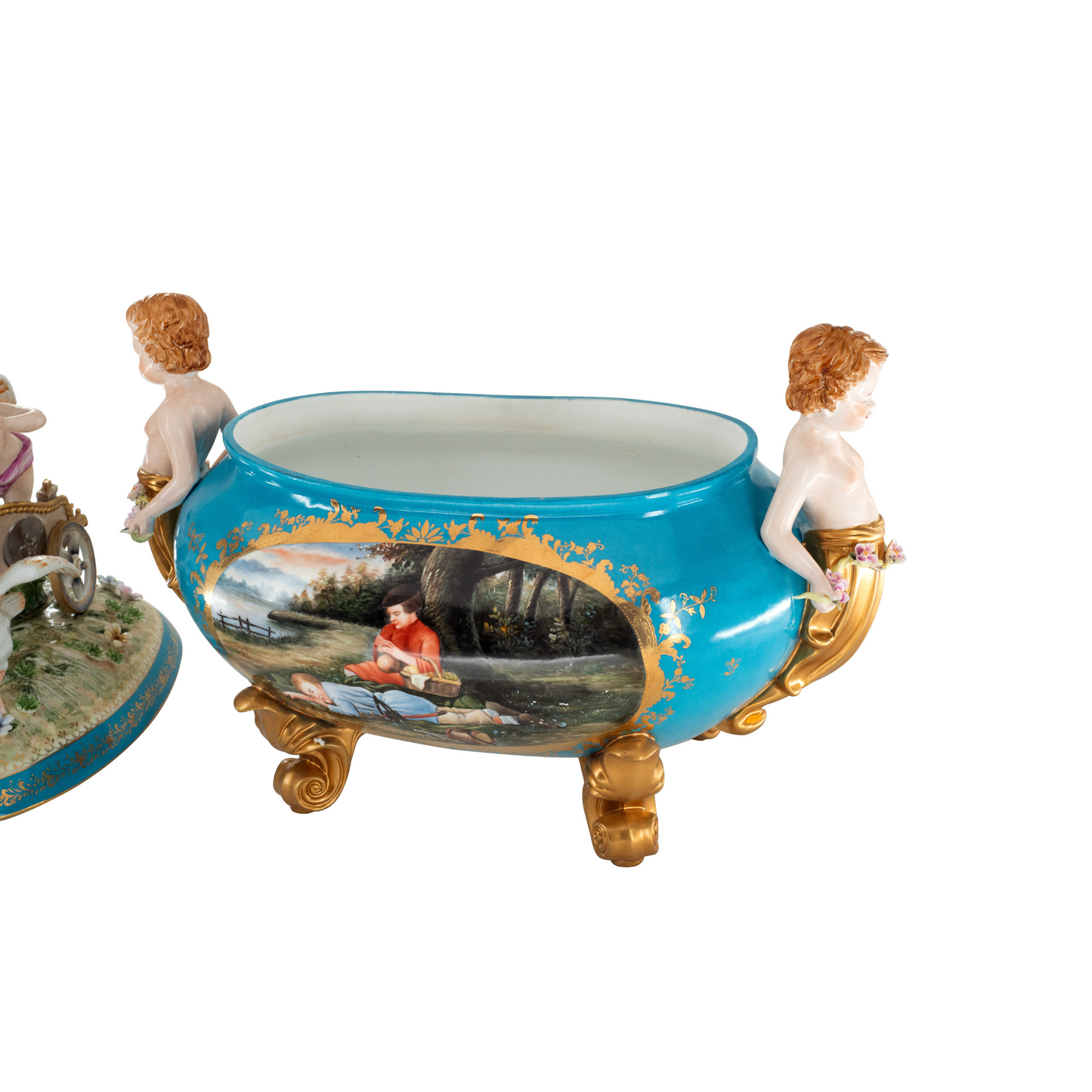 Exceptional Hand-Painted Baroque Style Covered Porcelain Cherub Jar