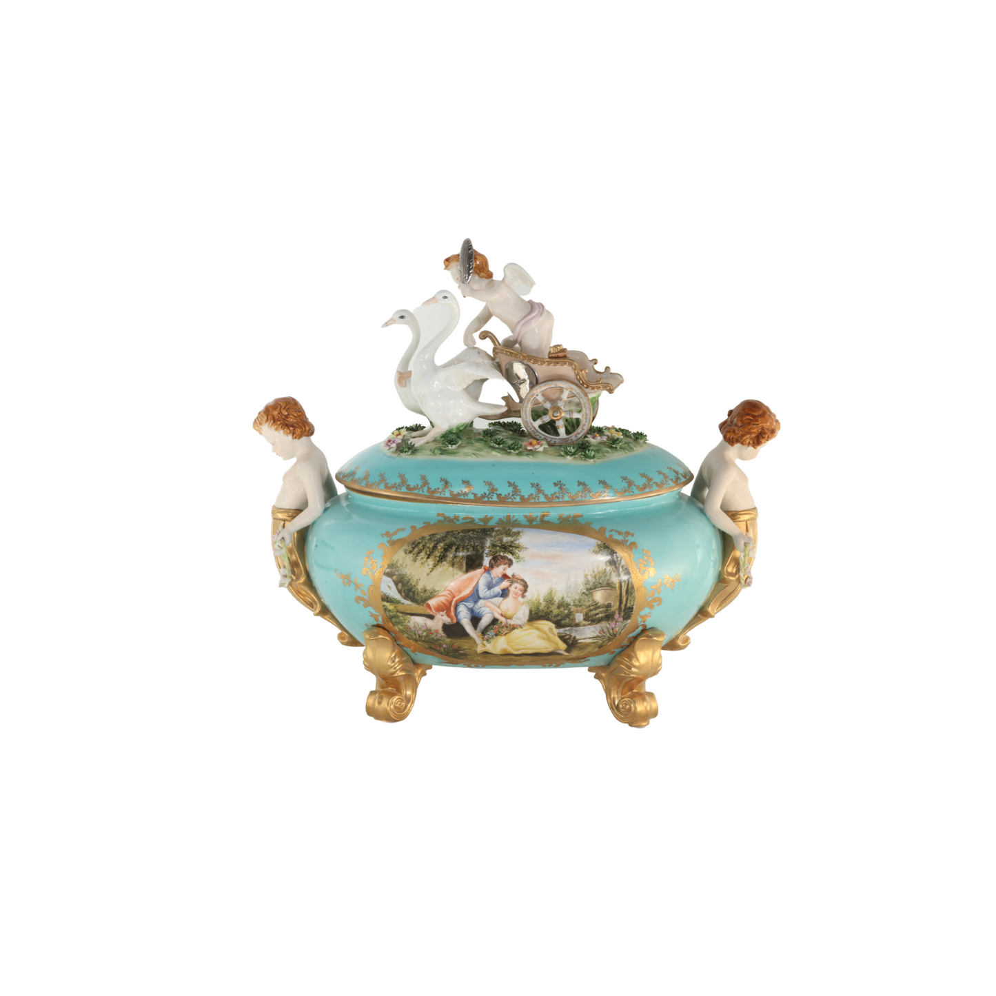 Exceptional Covered Porcelain Cherub Jar