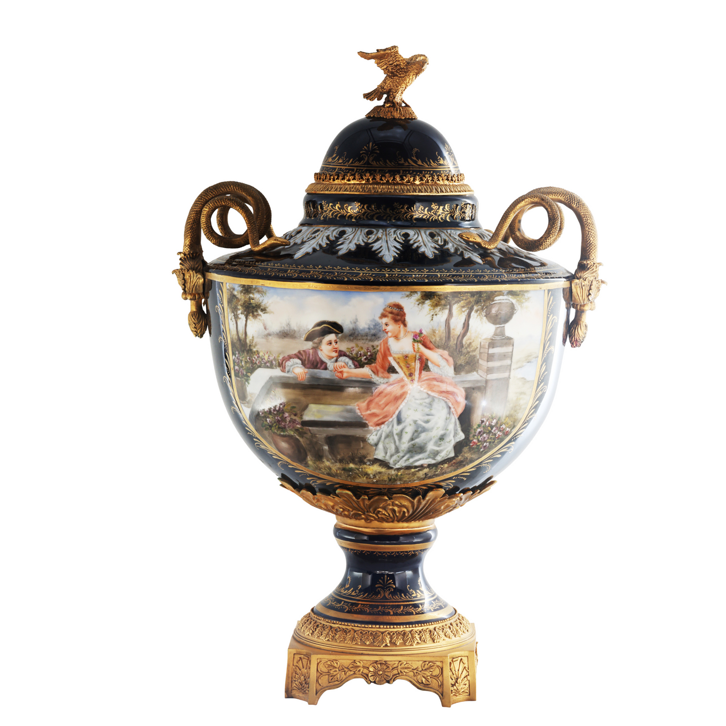 Bronze Snake Handle Hand-Painted Porcelain Jar