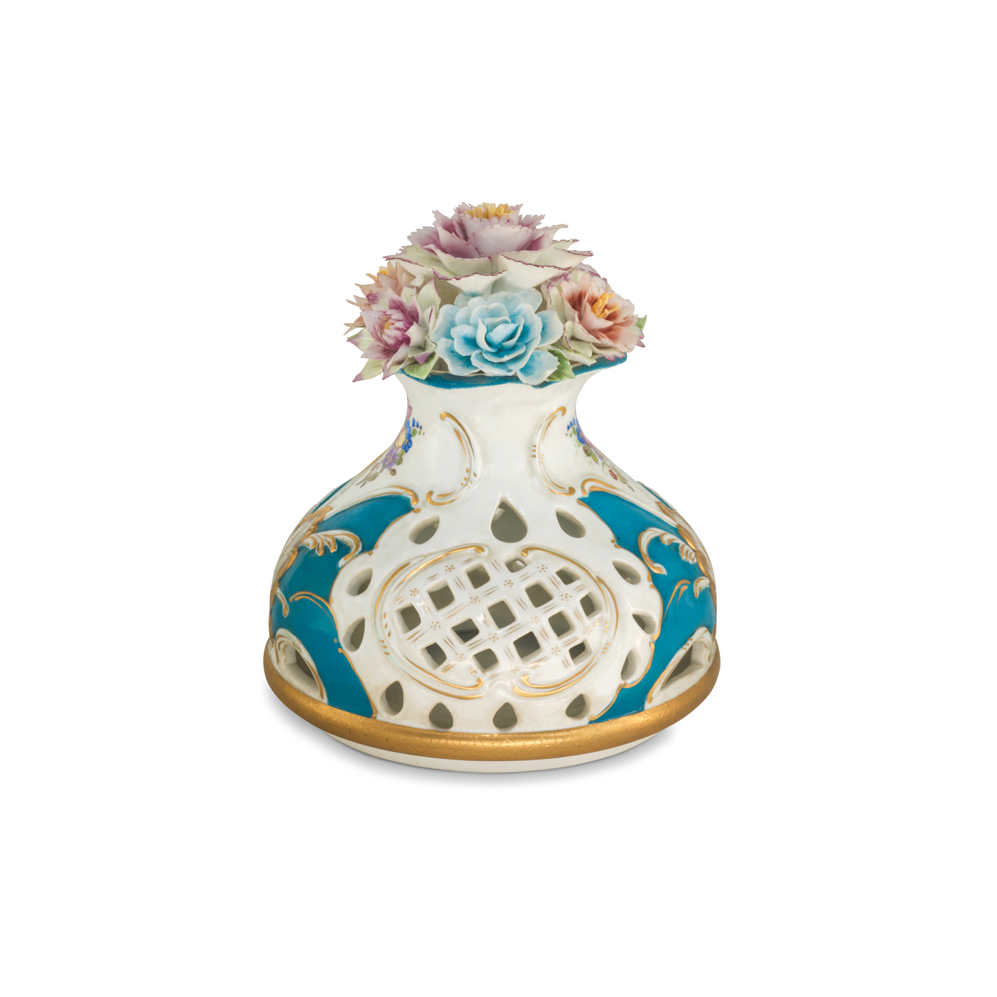 Potpourri Hand-painted Vase with Rococo Motif and Porcelain Flowers