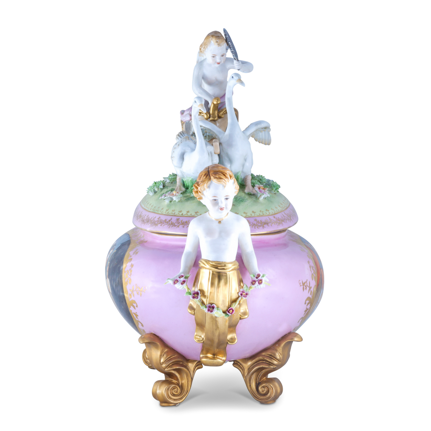 Exceptional Covered Porcelain Cherub Jar