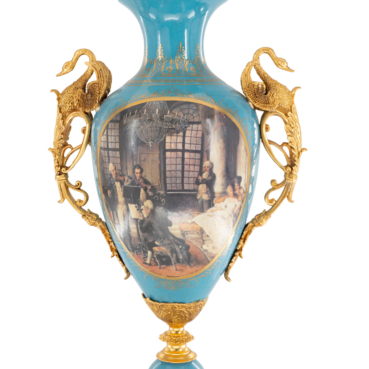 Striking Hand-painted Porcelain And Bronze Goose Handle Vase