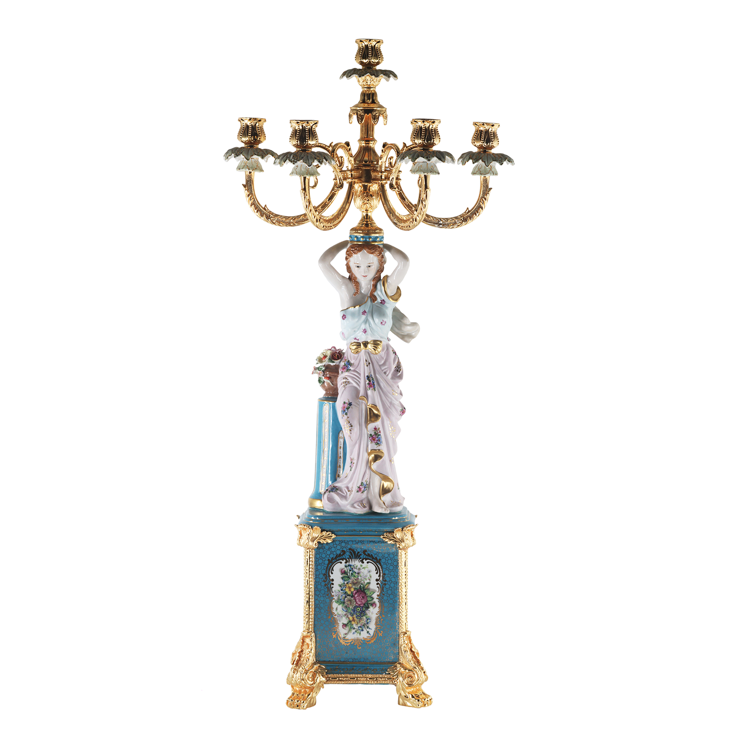Hand-Painted Bronze Seven Cup Candle Holder With Porcelain Lady