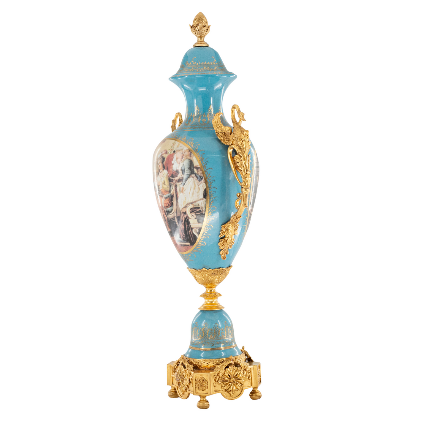 Striking Hand-painted Porcelain And Bronze Goose Handle Vase