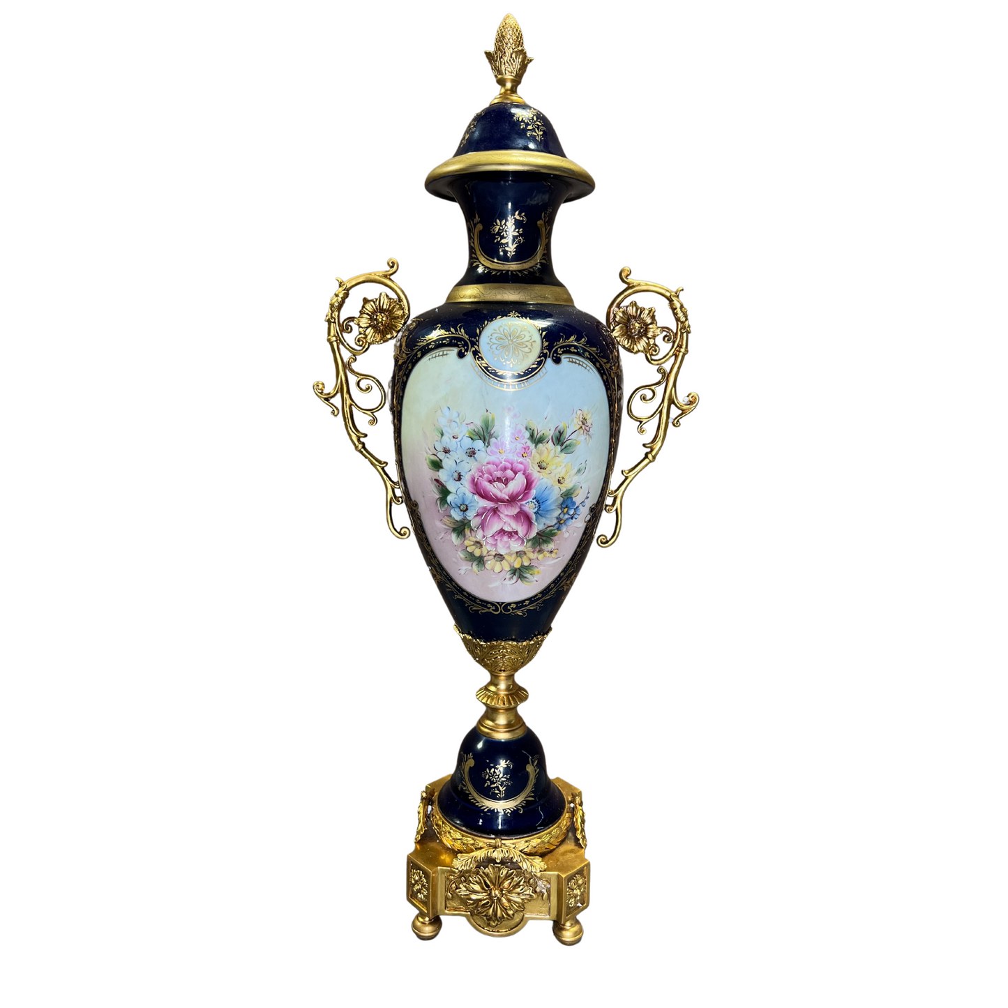 Striking Hand-Painted Victorian Style Porcelain And Bronze Cherub Handle Vase