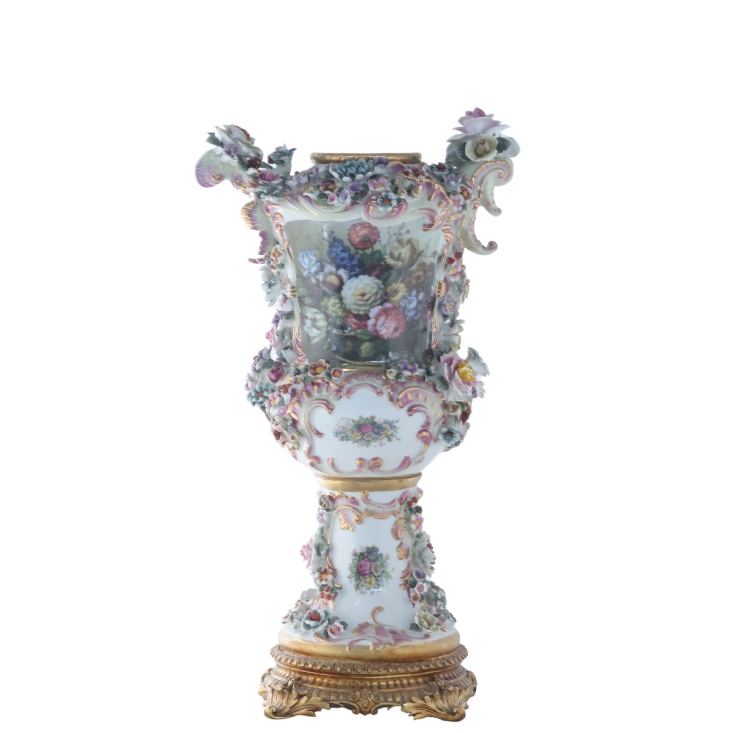Three Dimensional Hand-painted Louis XV Style Porcelain Flower Urn