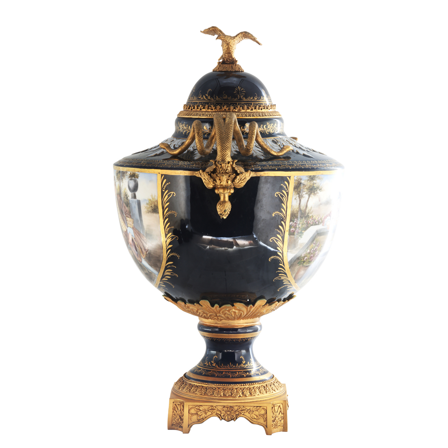 Bronze Snake Handle Hand-Painted Porcelain Jar