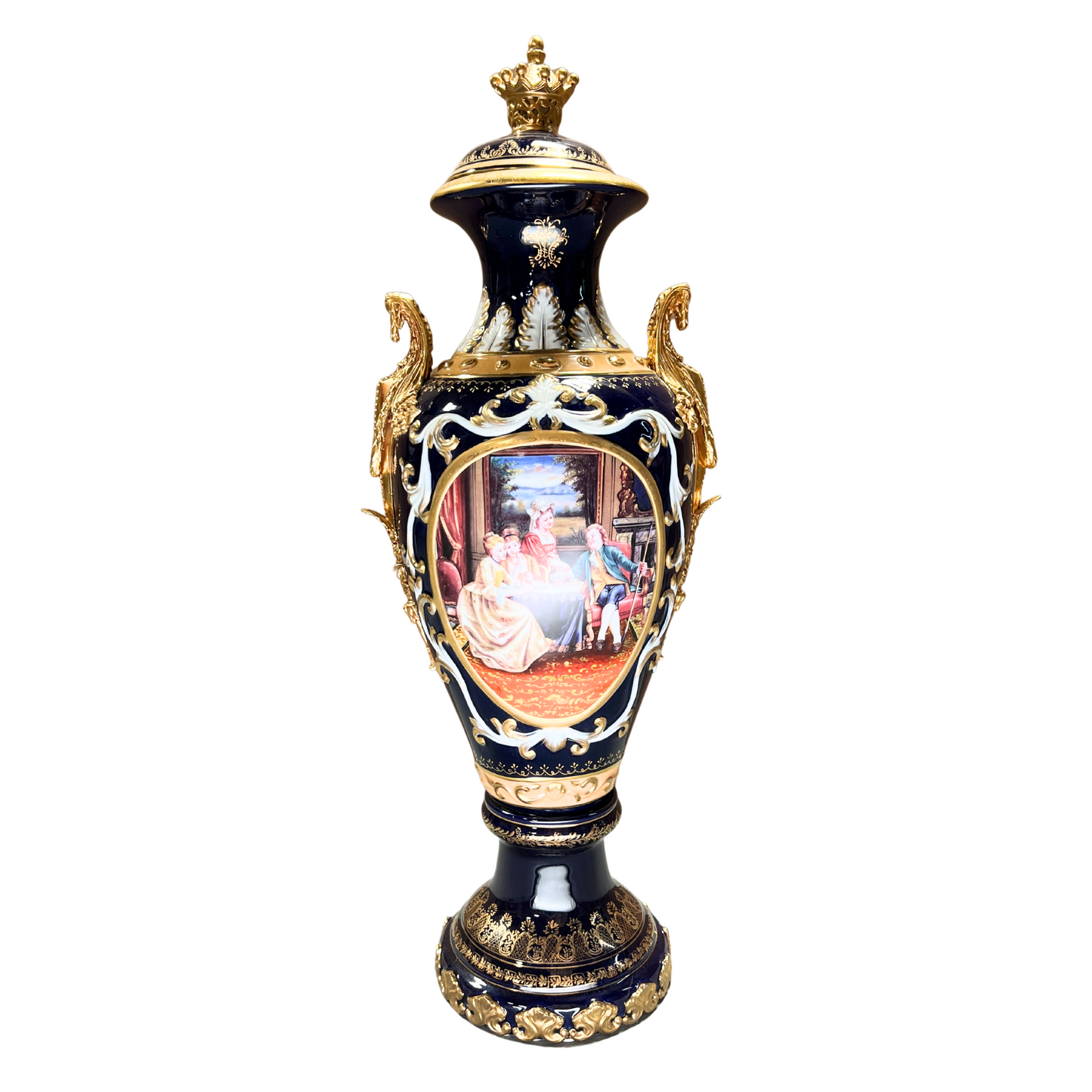 Hand-painted French Style Porcelain & Bronze Handle Vase