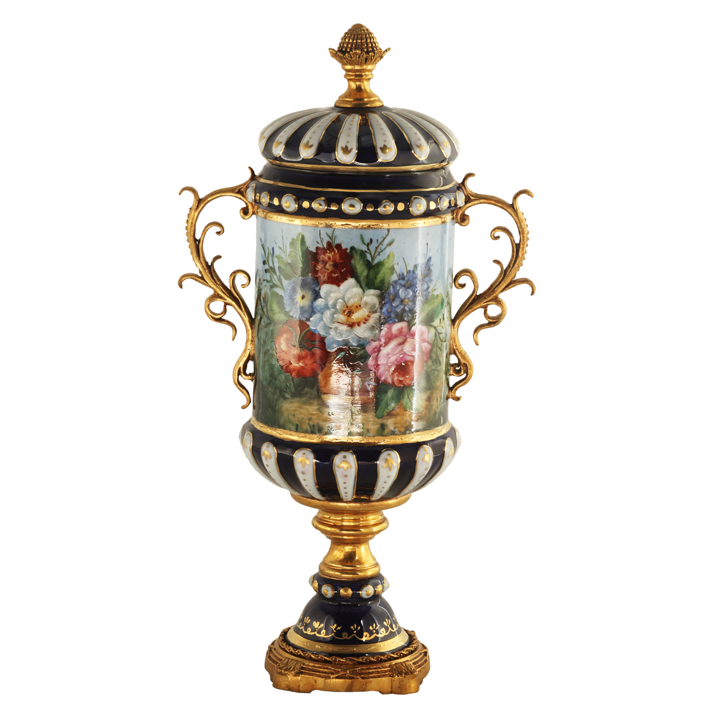 Hand-painted Dark Blue Baroque Floral Motif Jar