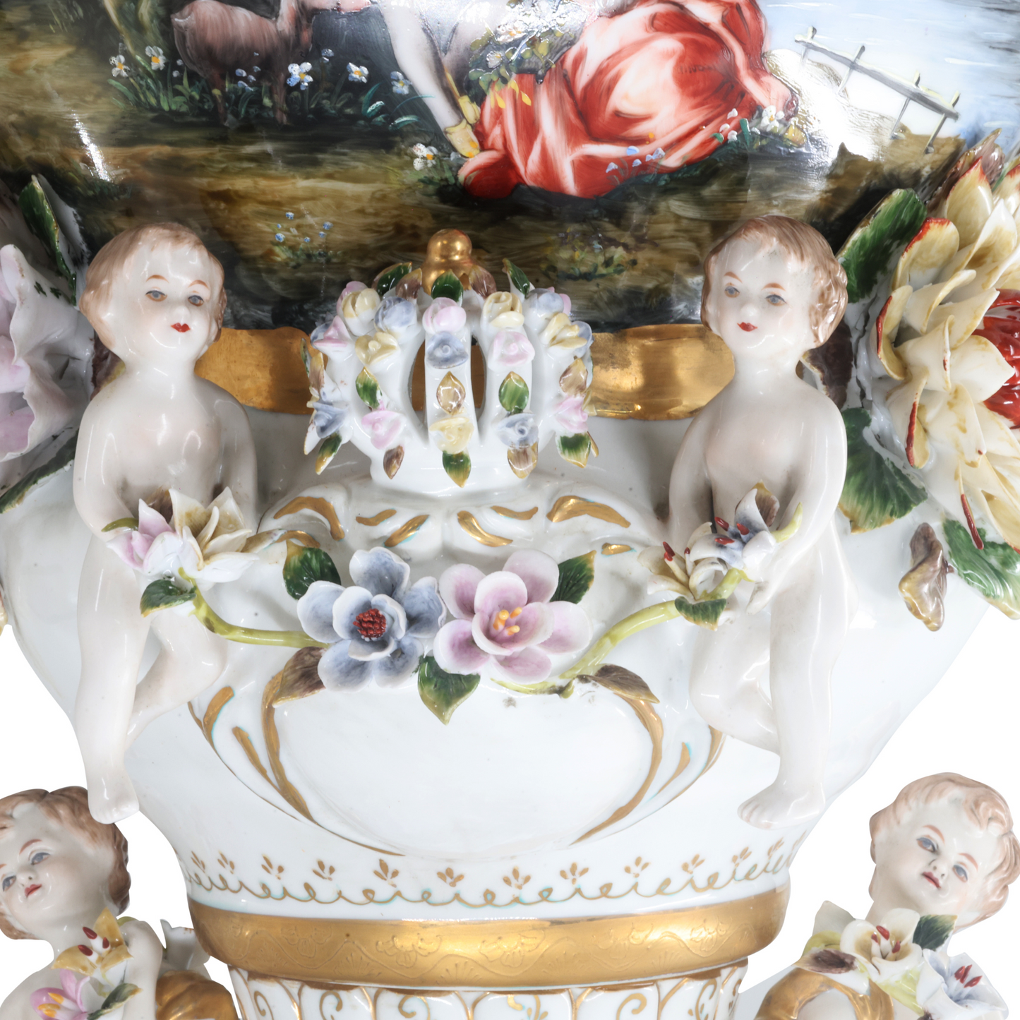 Hand-painted Rococo Three Dimensional Porcelain Flower Urn