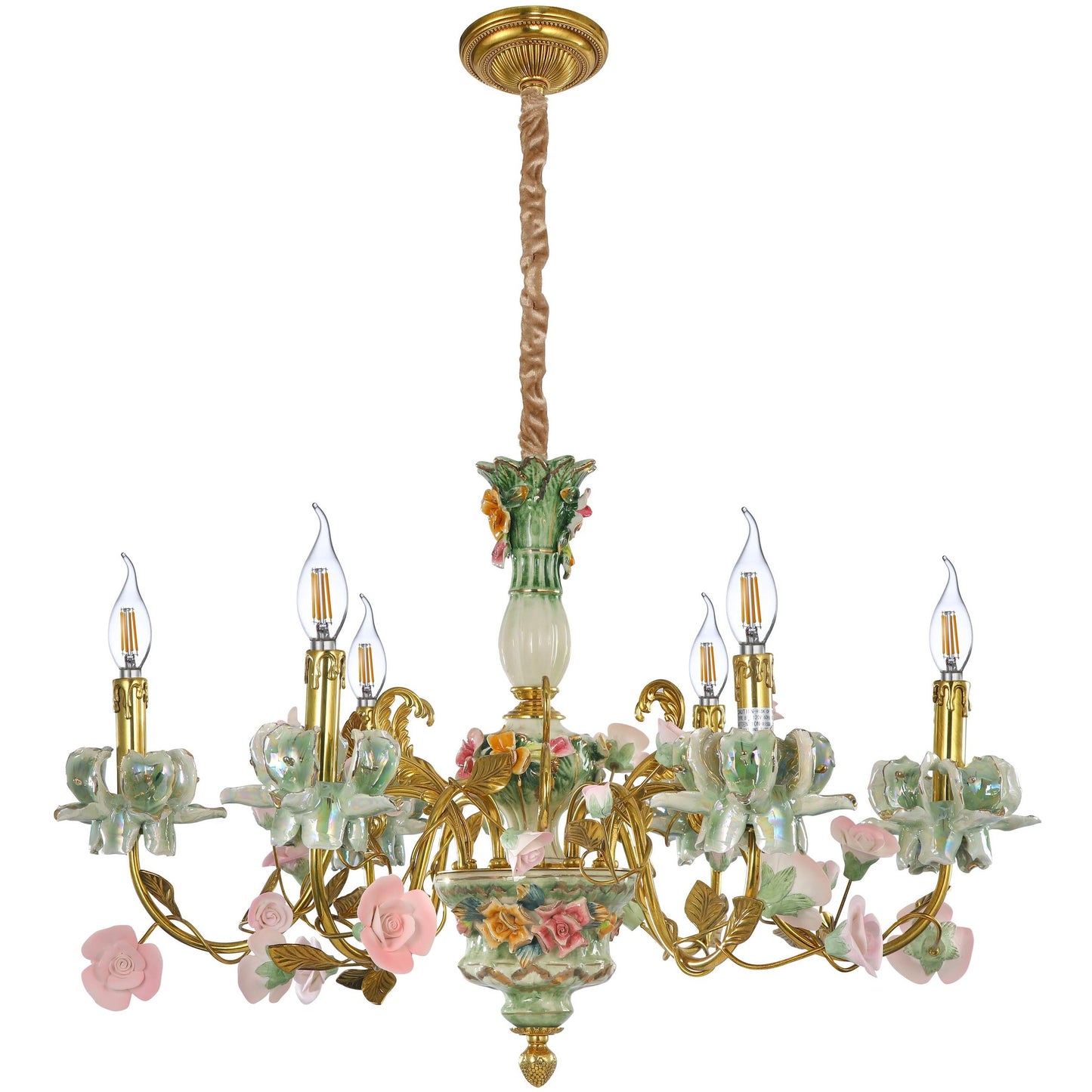 Porcelain and Brass Floral Chandelier