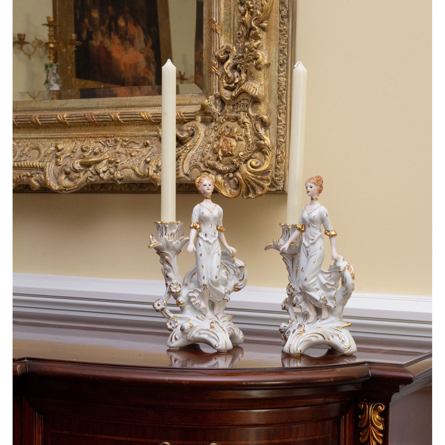 Pair of White Hand-painted Porcelain Candlestick Holders