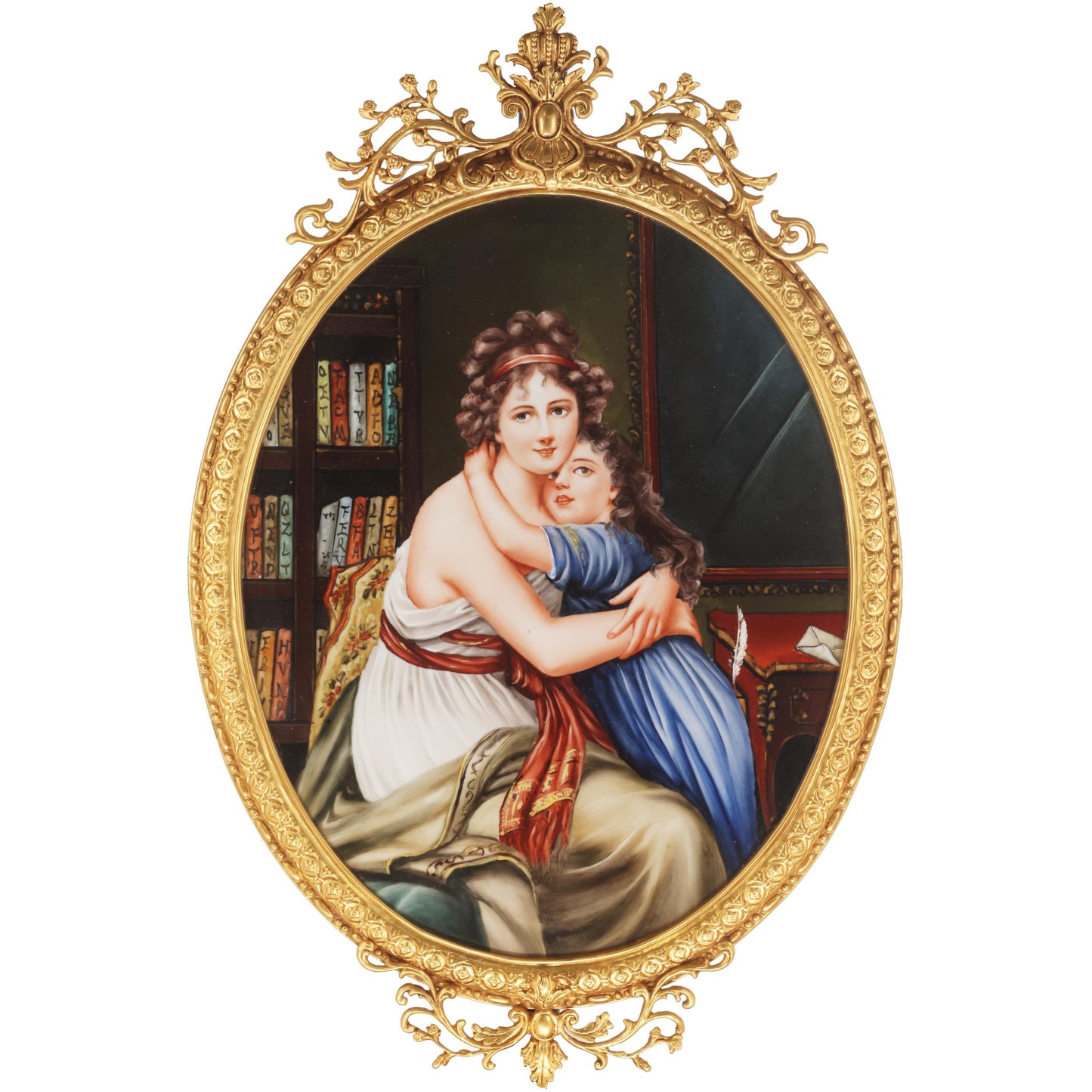 Mother And Daughter Porcelain Painting In Bronze Frame