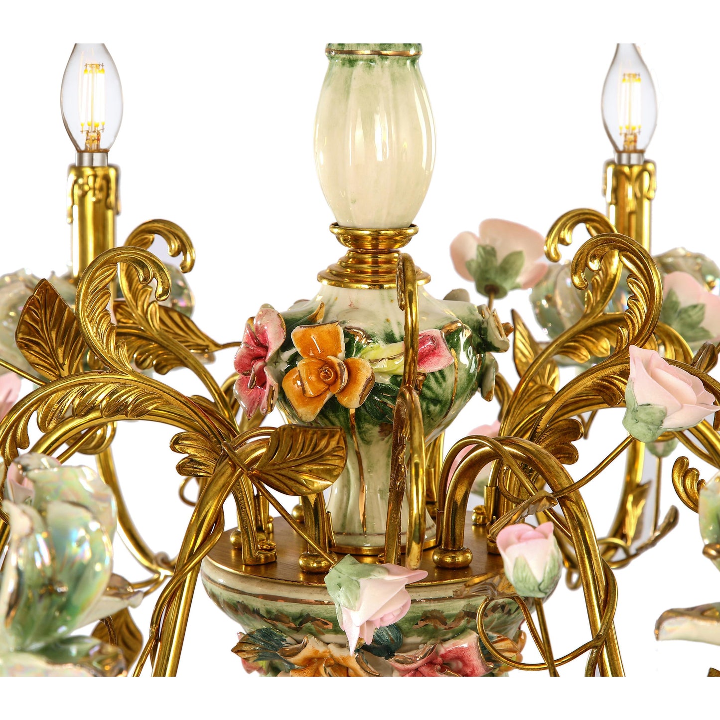 Porcelain and Brass Floral Chandelier
