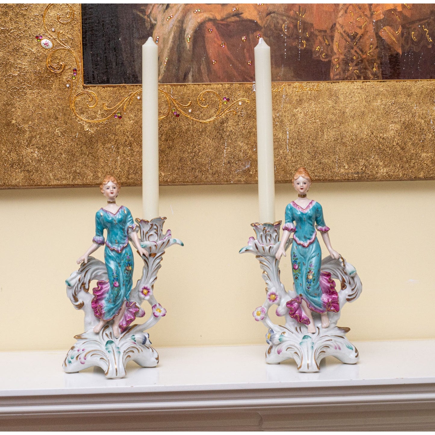 Pair of Hand-painted Porcelain Candlestick Holders