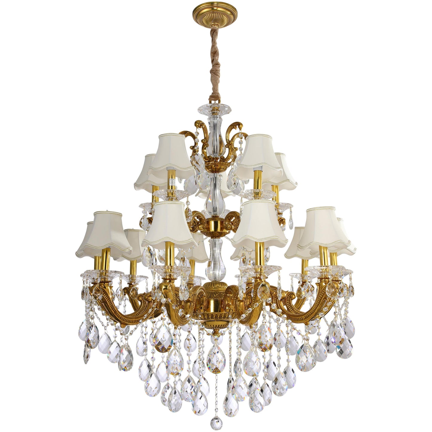 Three Tier Brass and Crystal Chandelier