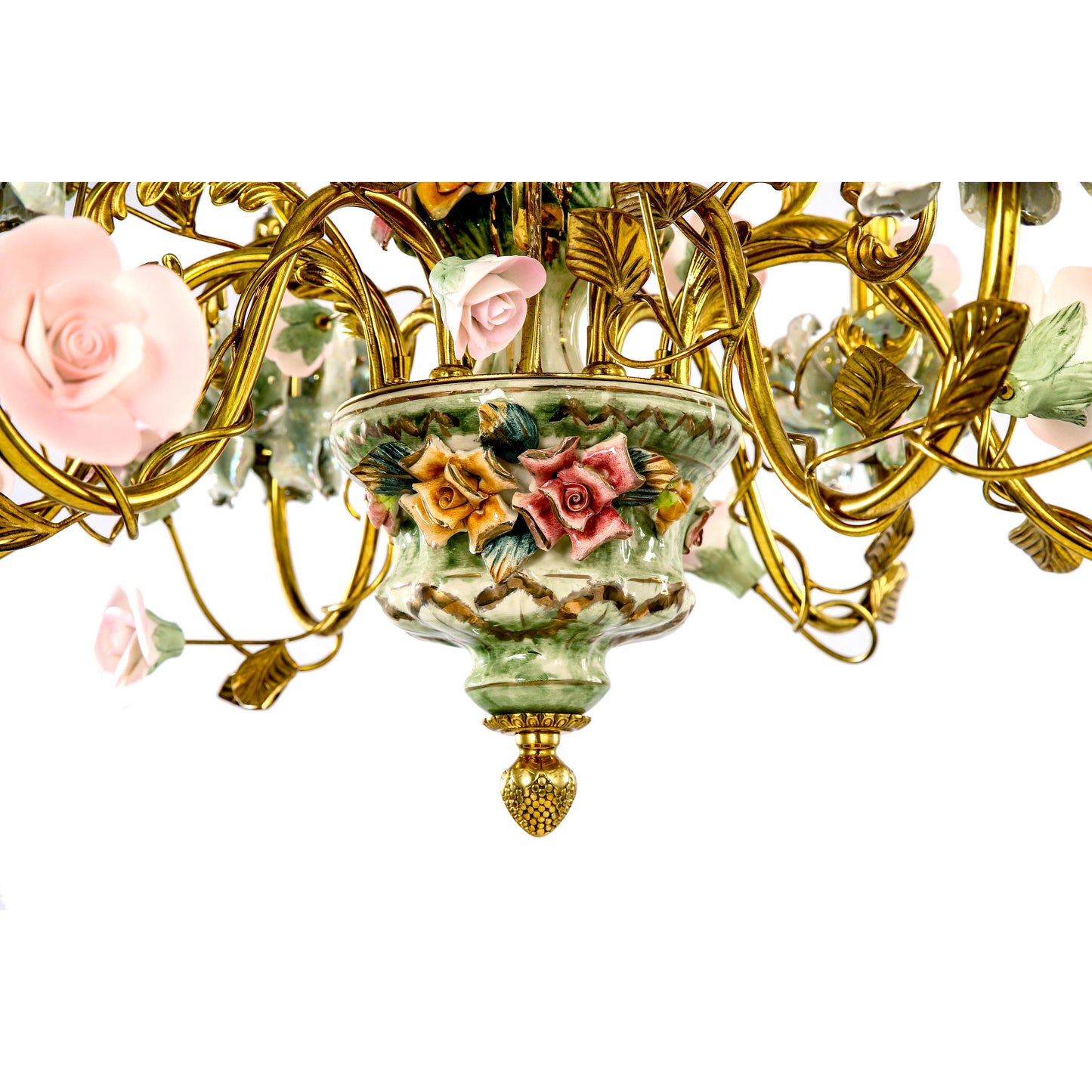 Porcelain and Brass Floral Chandelier
