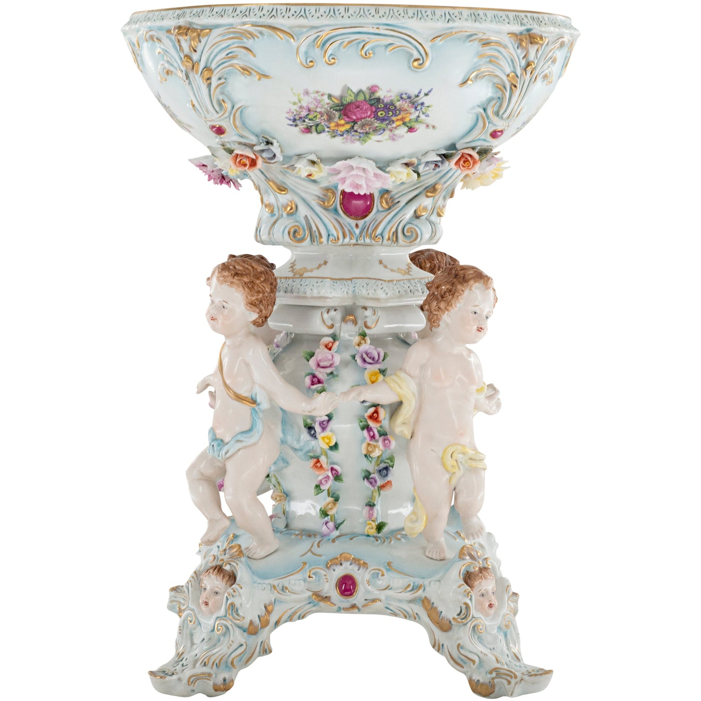 Hand-painted Teal Porcelain Cherub Bowl