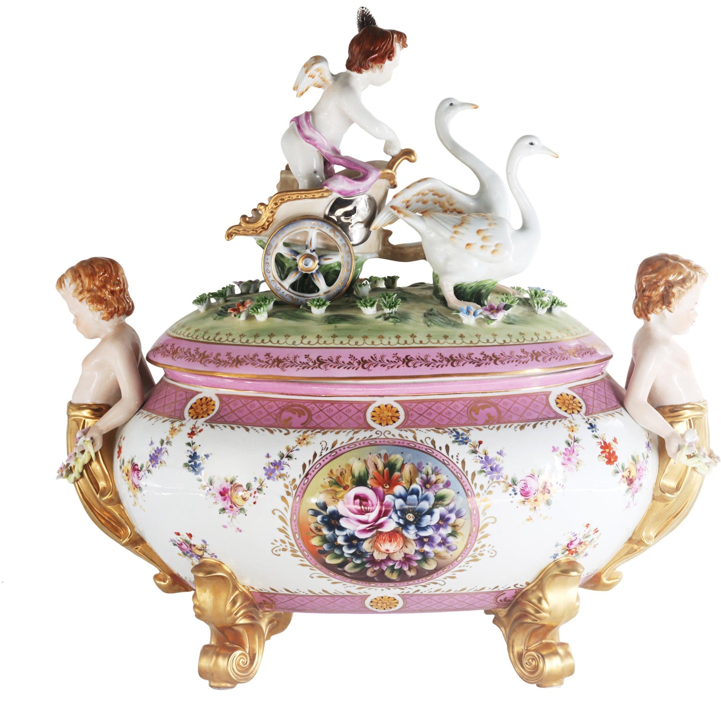 Exceptional Covered Porcelain Cherub Jar