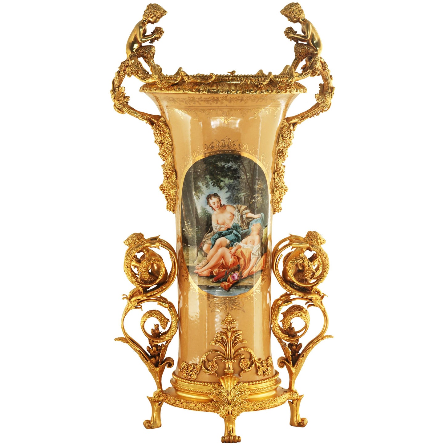 Tall Hand-painted Vase With Bronze Cherubs