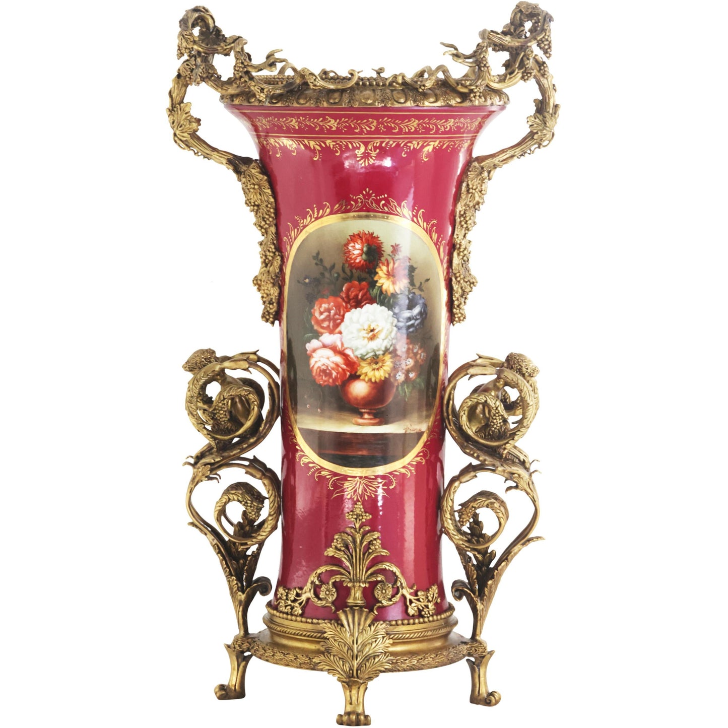 Tall Hand-painted Vase With Bronze Vines