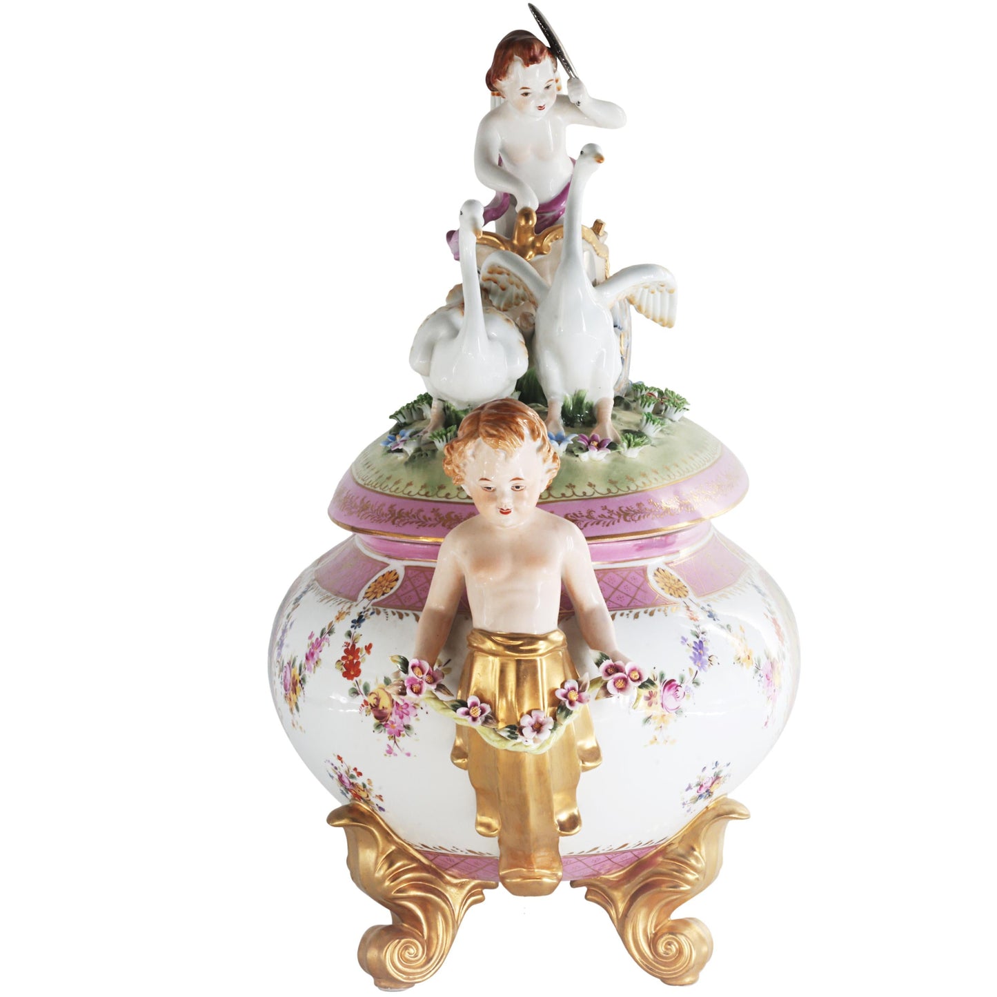 Exceptional Covered Porcelain Cherub Jar