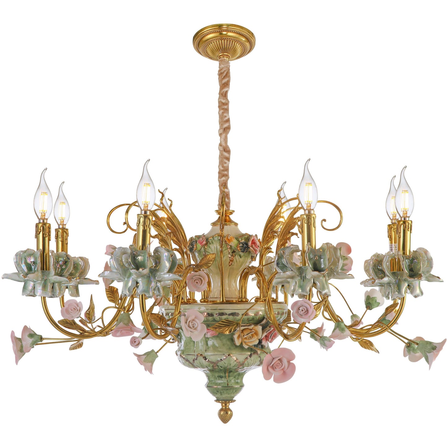 Porcelain and Brass Floral Chandelier