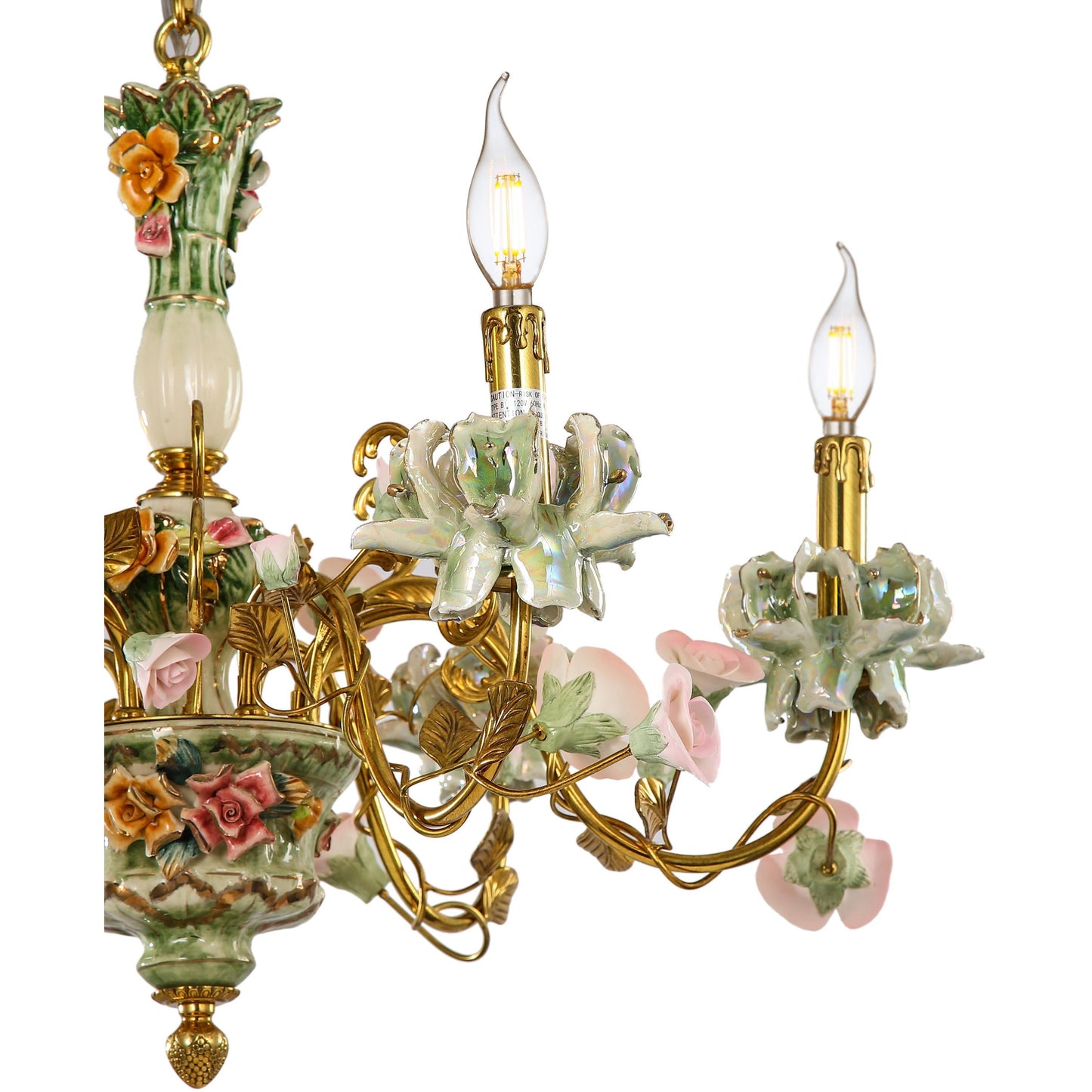 Porcelain and Brass Floral Chandelier