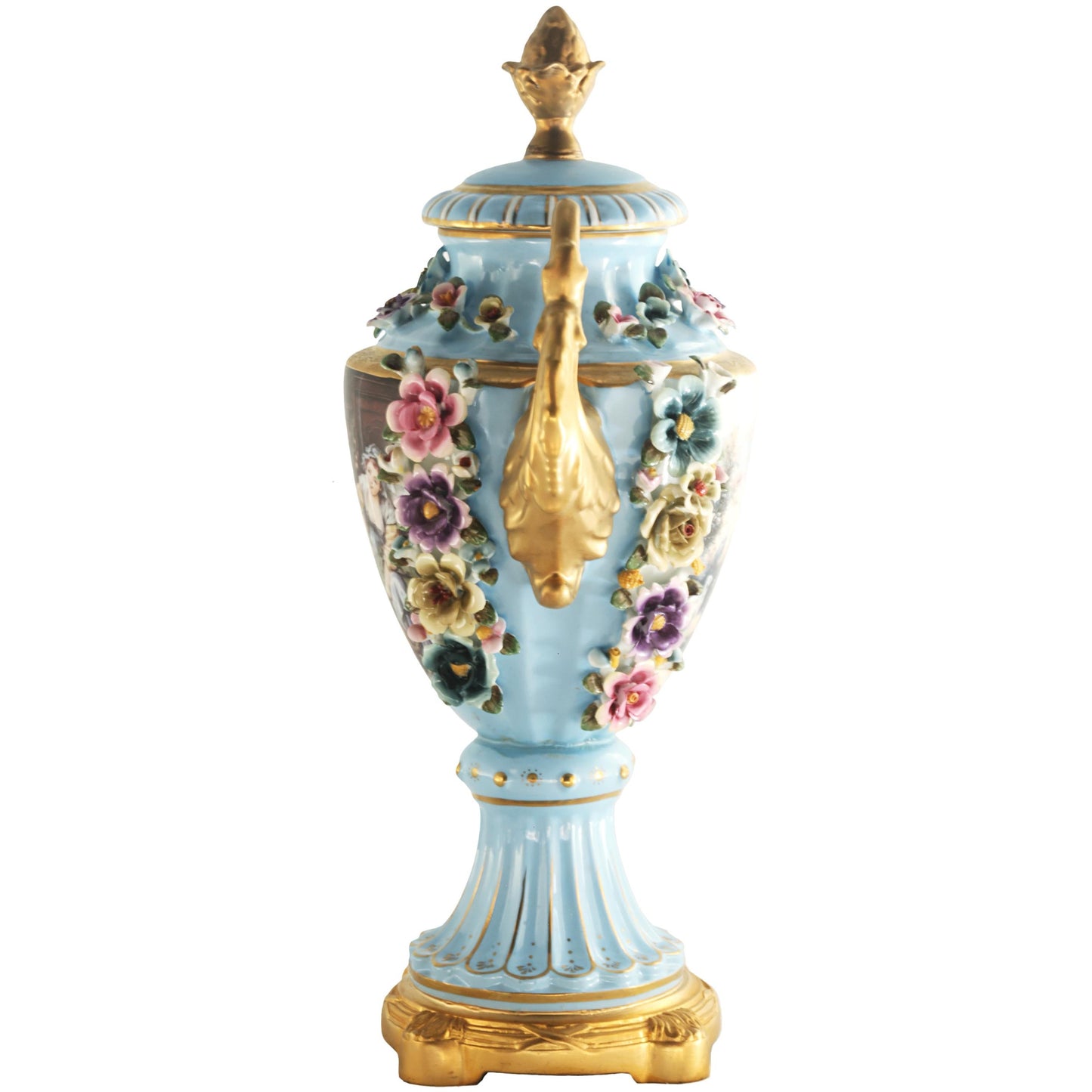 Light Blue Hand-painted Rococo Vase with Porcelain Flowers
