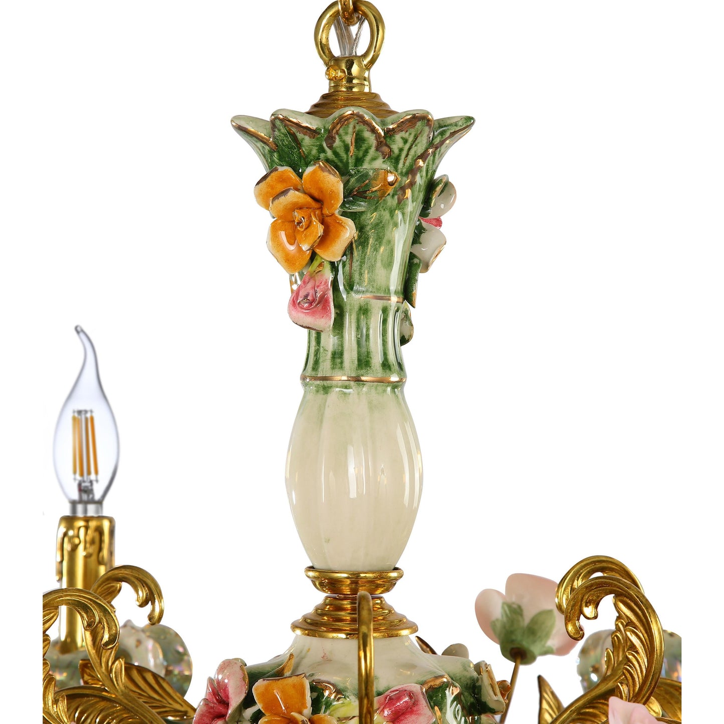 Porcelain and Brass Floral Chandelier
