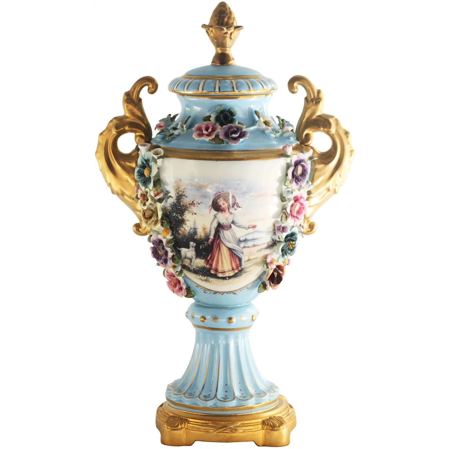 Light Blue Hand-painted Rococo Vase with Porcelain Flowers
