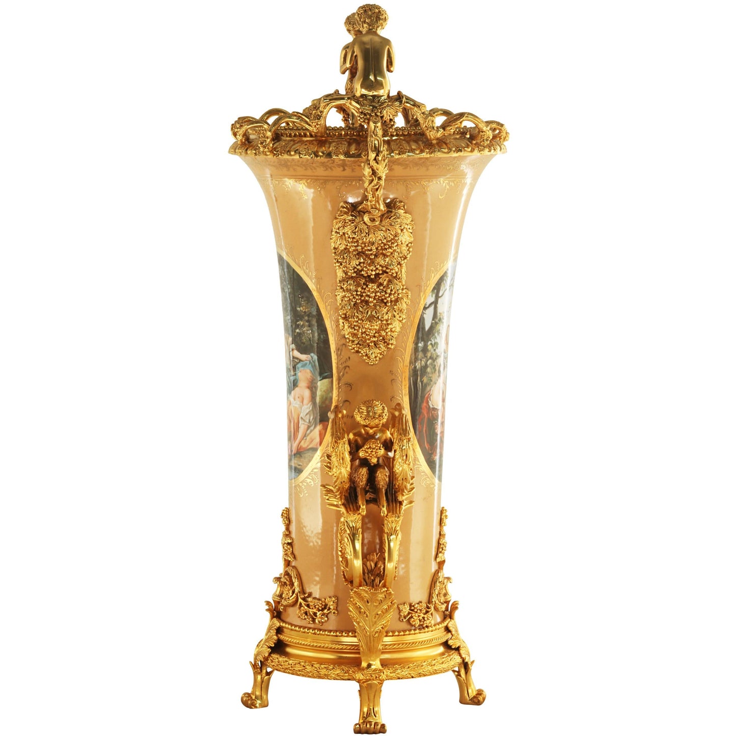 Tall Hand-painted Vase With Bronze Cherubs