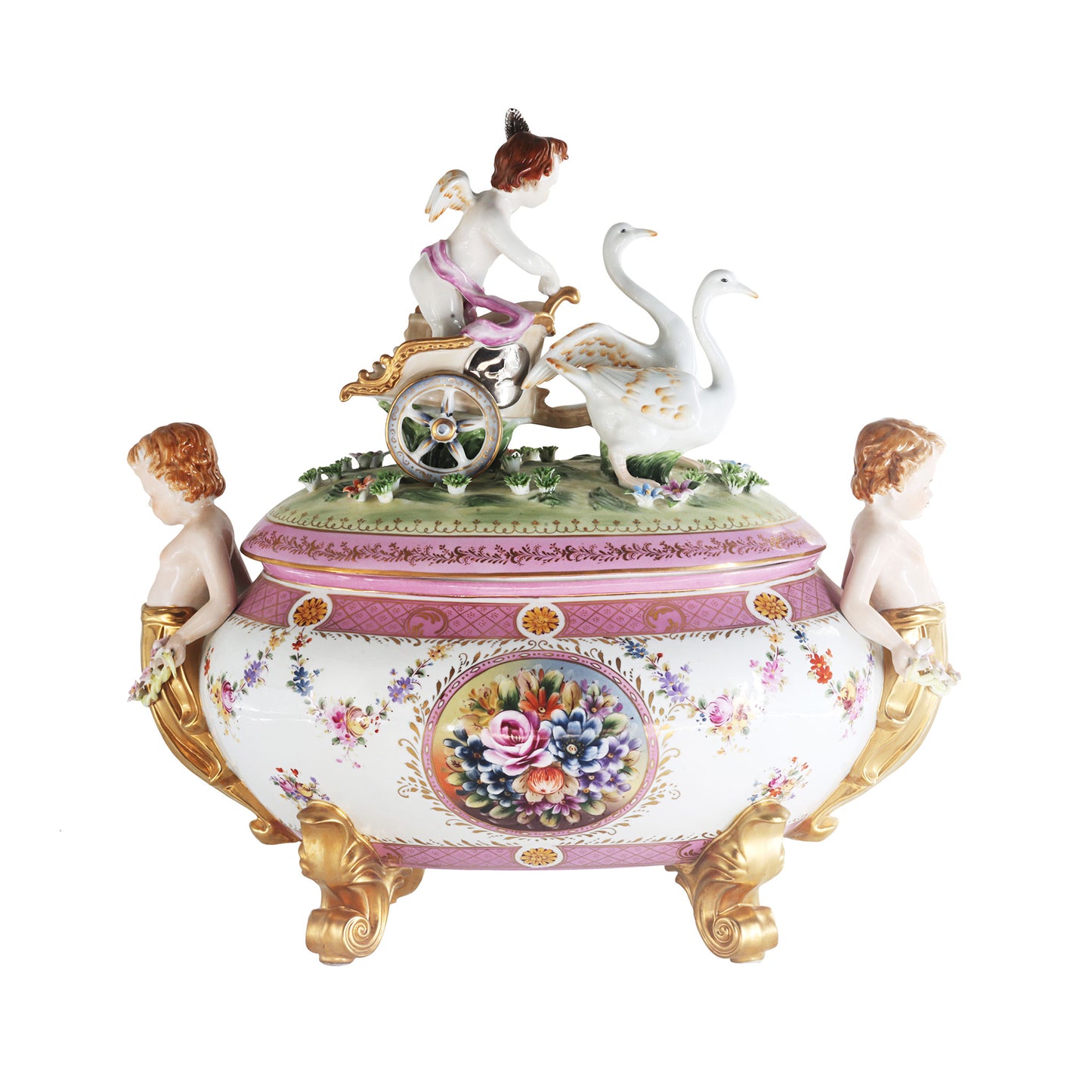 Exceptional Covered Porcelain Cherub Jar