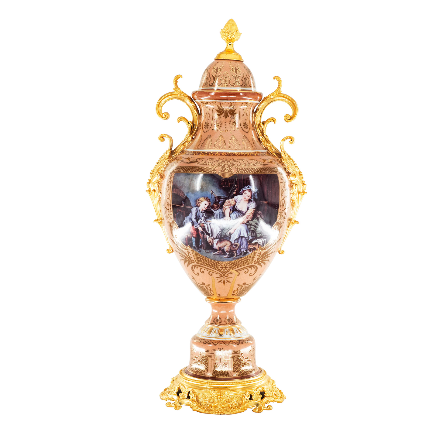 Jarrón de porcelana rococó con mango de bronce