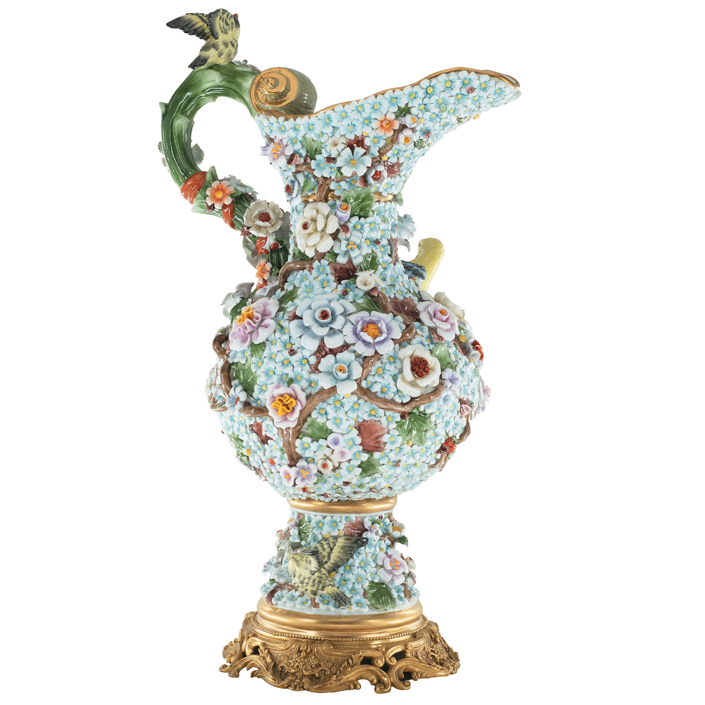 Jarrón tridimensional de flores de porcelana con pájaros
