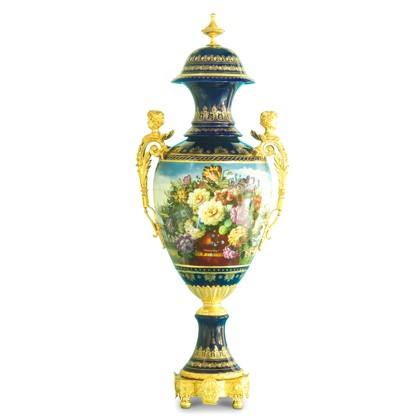 Striking Porcelain And Bronze Hand-Painted Cherub Handle Vase