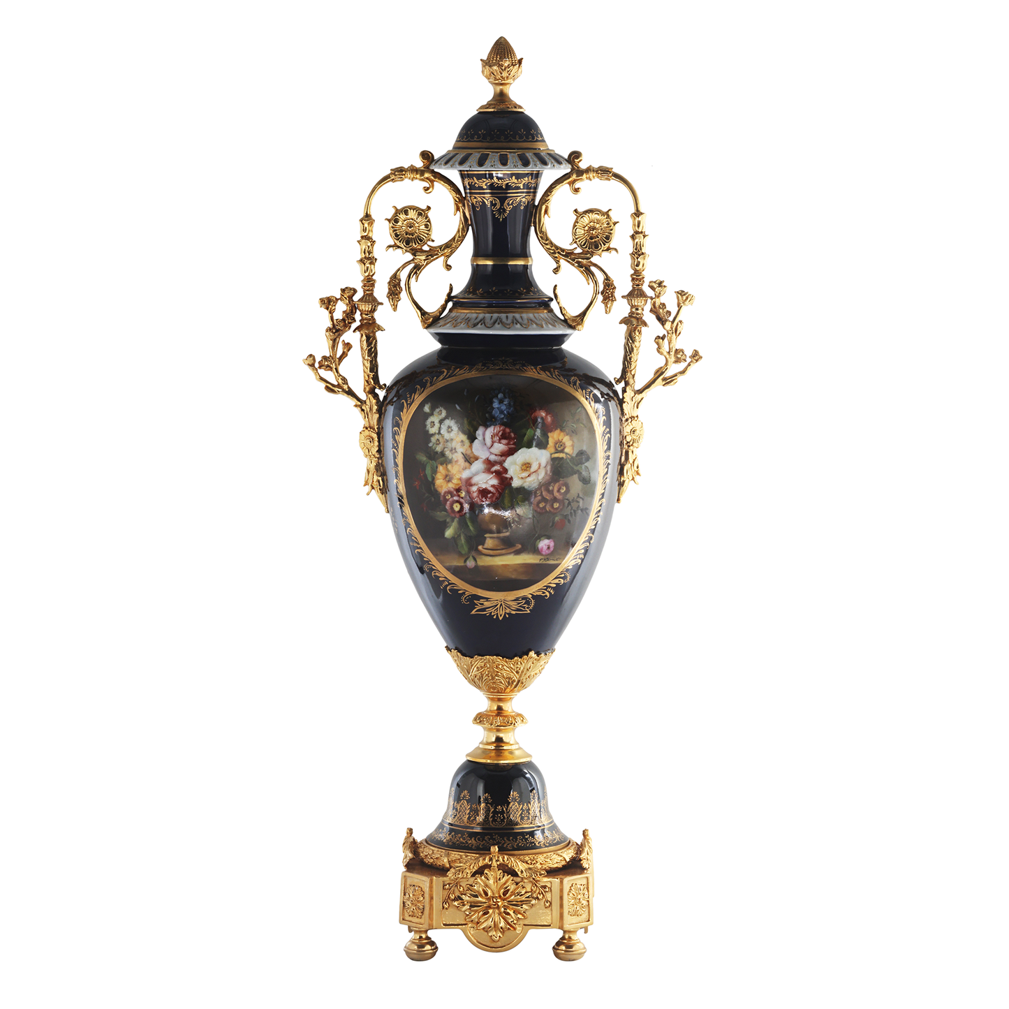 Jarrón de porcelana rococó con mango de bronce