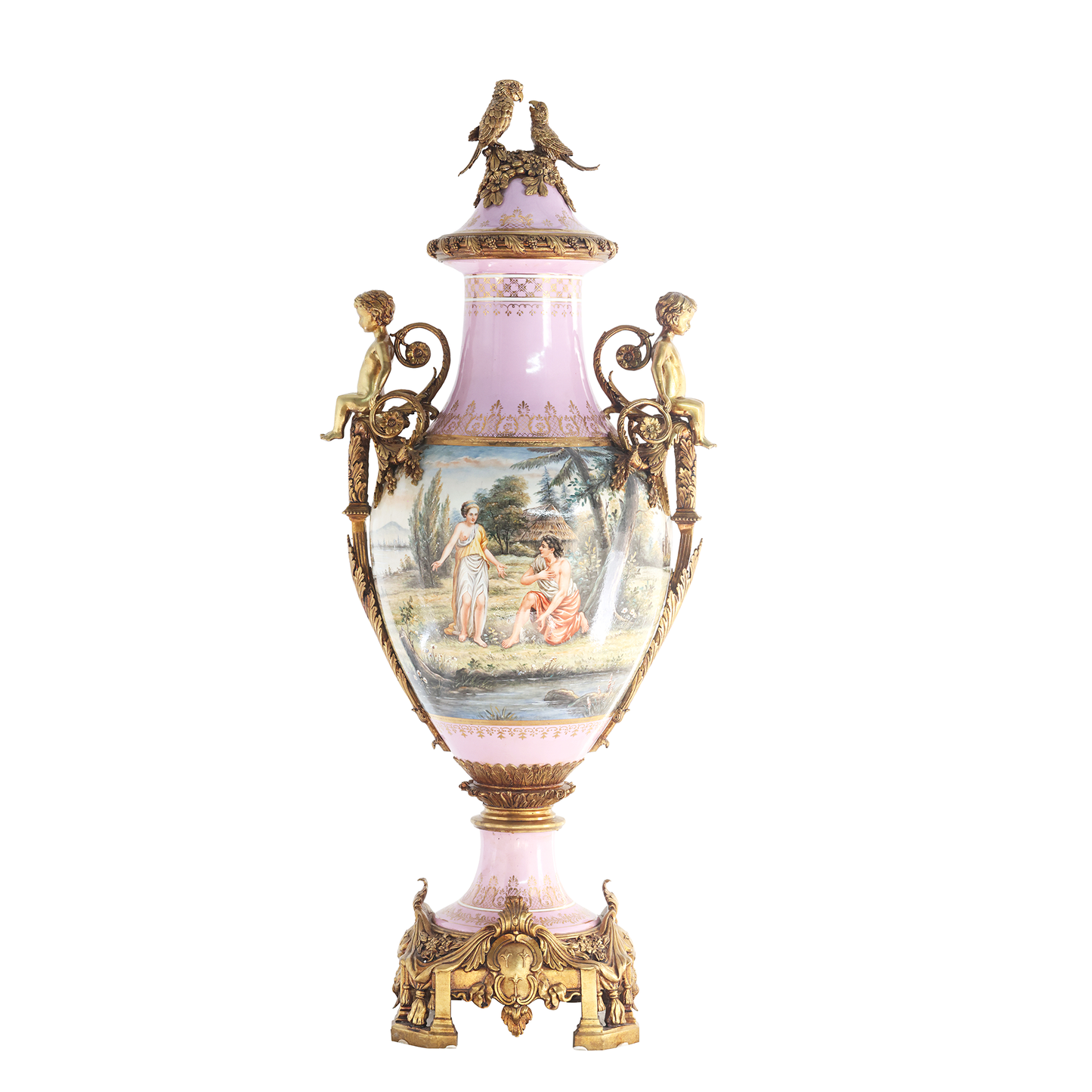 Parrot Lid & Cherub Bronze Handle Hand-painted Urn