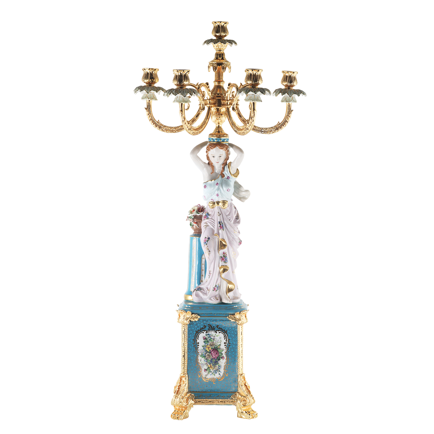 Hand-Painted Bronze Seven Cup Candle Holder With Porcelain Lady