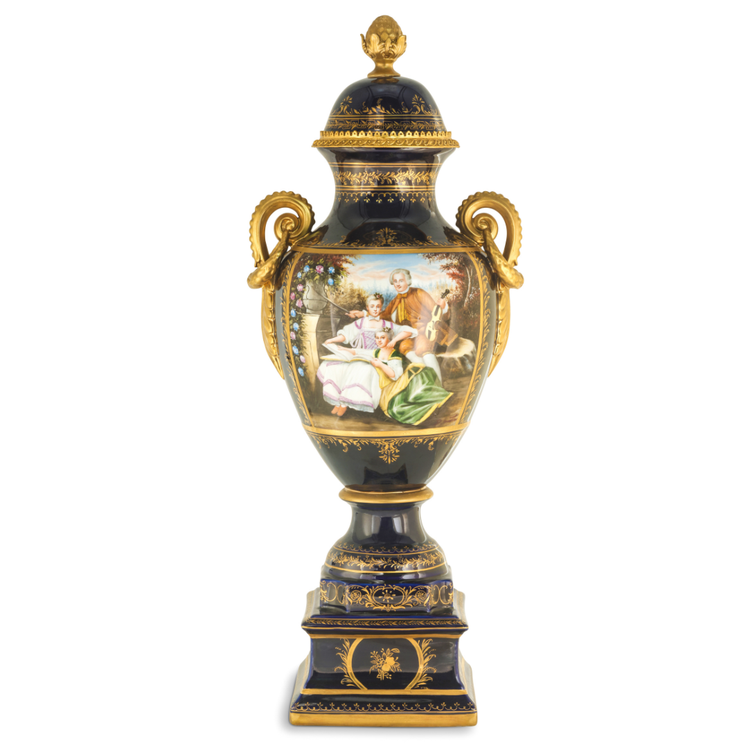 Hand-painted Dark Blue Rococo Style Courtship Vase