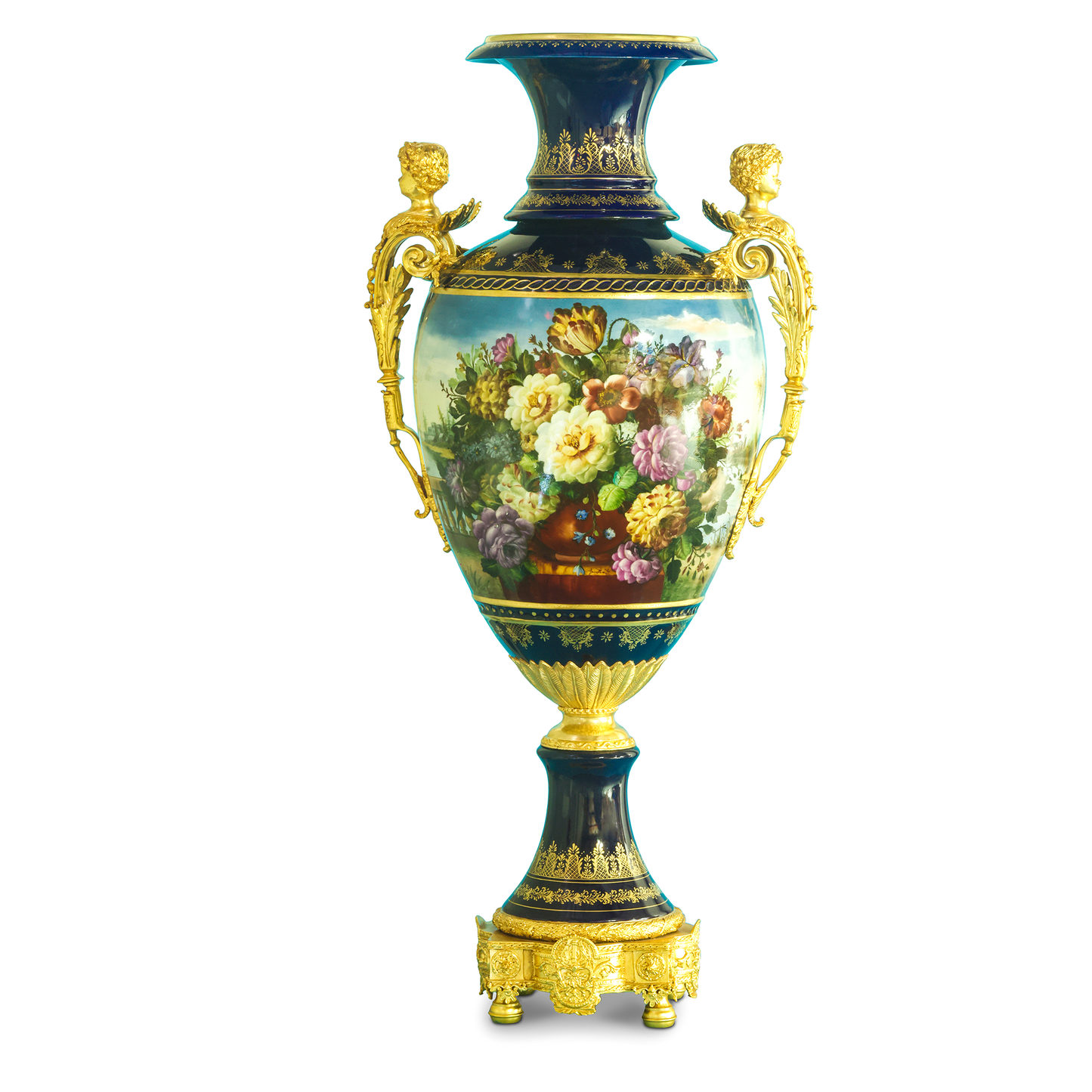Striking Porcelain And Bronze Hand-Painted Cherub Handle Vase