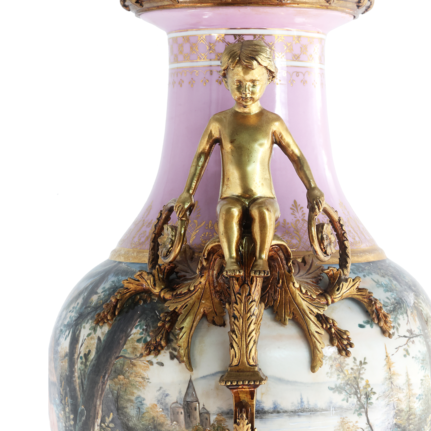 Parrot Lid & Cherub Bronze Handle Hand-painted Urn