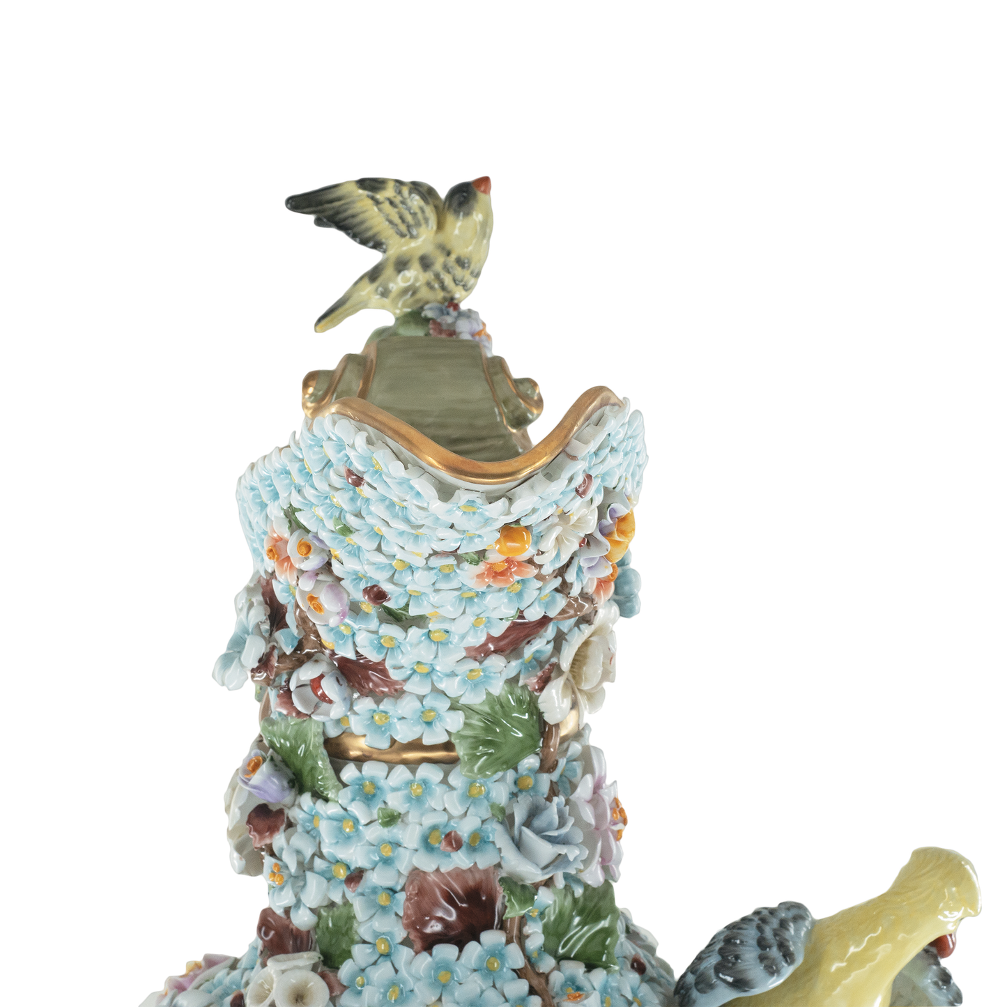 Jarrón tridimensional de flores de porcelana con pájaros