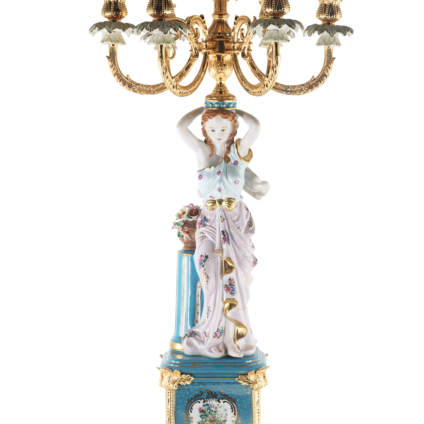 Hand-Painted Bronze Seven Cup Candle Holder With Porcelain Lady