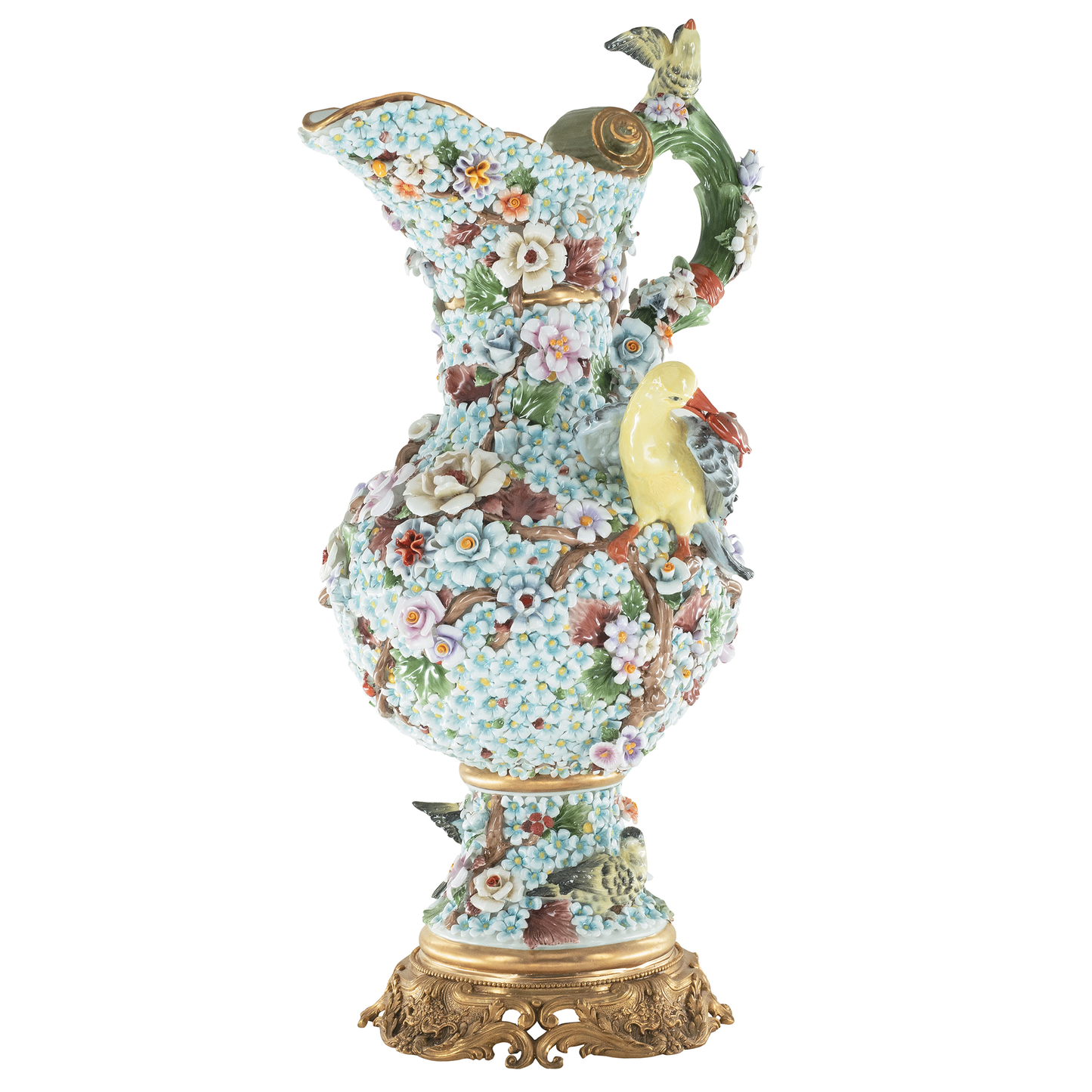 Jarrón tridimensional de flores de porcelana con pájaros