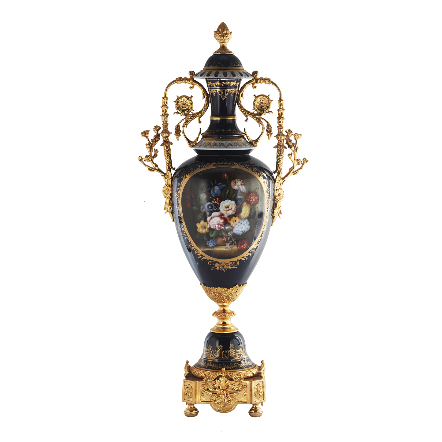 Jarrón de porcelana rococó con mango de bronce