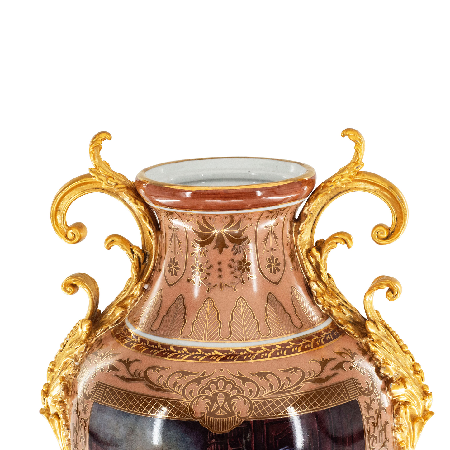 Jarrón de porcelana rococó con mango de bronce