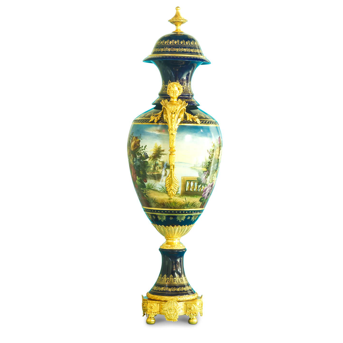 Striking Porcelain And Bronze Hand-Painted Cherub Handle Vase